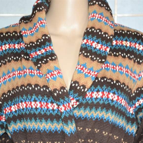 Chaps Fair Isle Brown& Blue Cotton Cardigan L - Picture 3 of 4